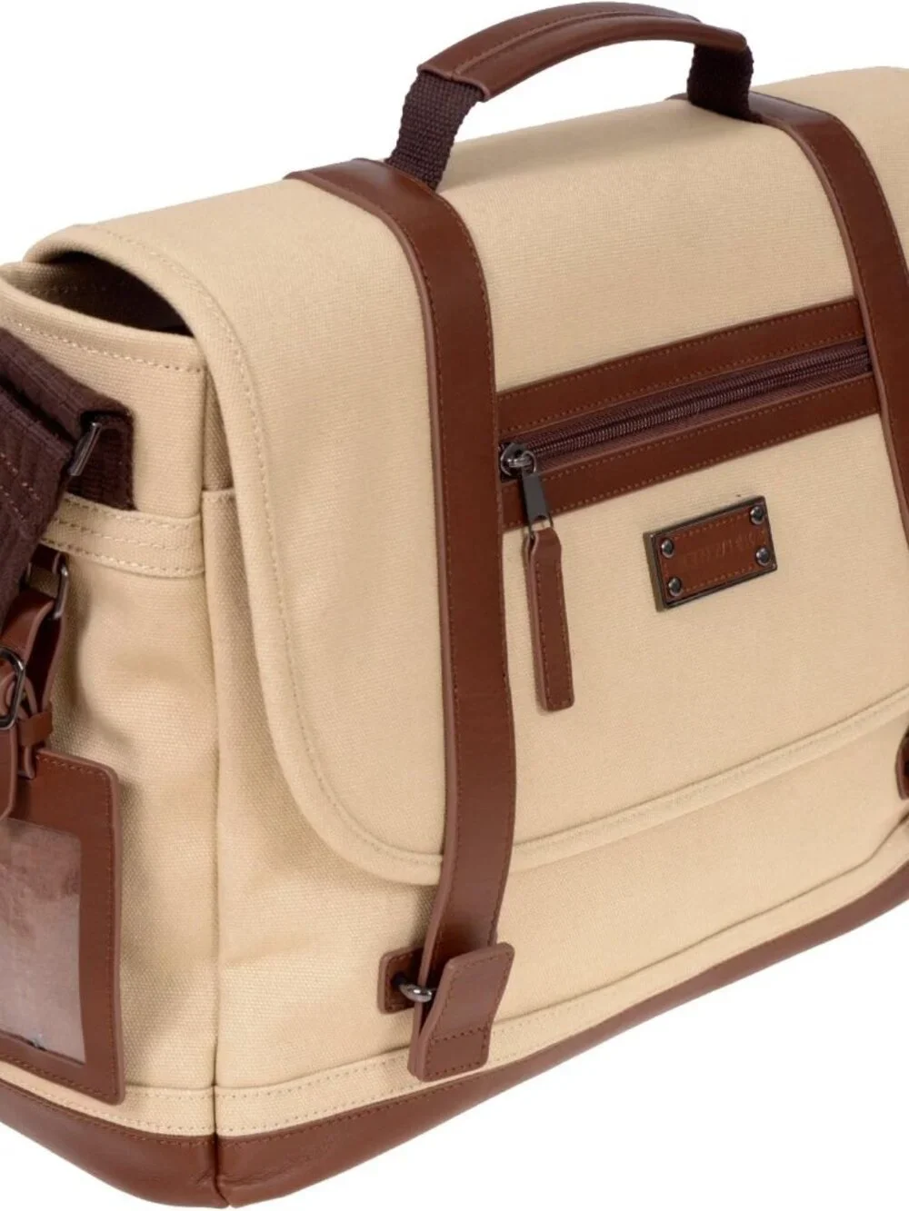 Renwick Canvas & Leather Messenger Bag Tan Laptop Briefcase Crossbody Satchel